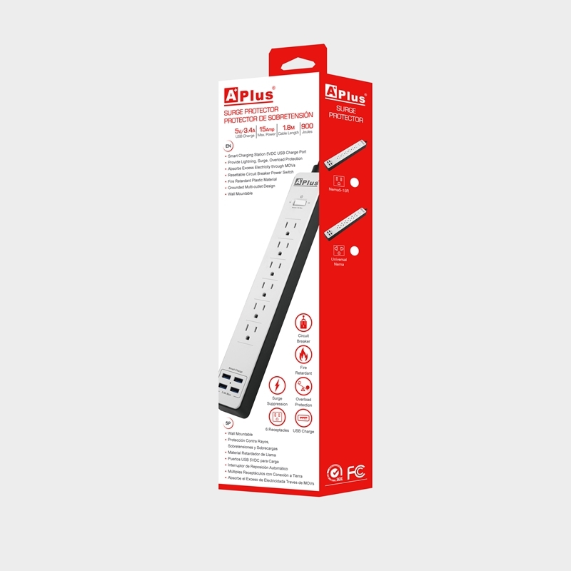 PROTECTOR DE VOLTAJE 15A Y ESTACION DE CARGA, 900 J, 6 SALIDAS CON 4 USB SMART CHARGER, CABLE DE 1.8 M